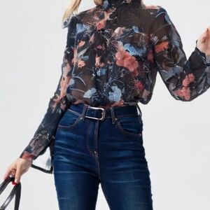 NWT Who What Wear Floral Sheer Blouse - Black and Pink